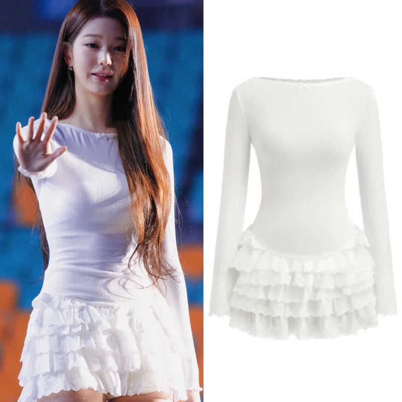 Zhang Yuanying's Same Style White Sweet Ruffle Design Cake Skirt Fake Two-Piece Slim Round Neck Long-Sleeved Dress