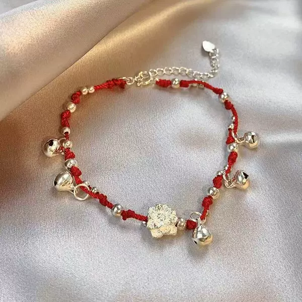 Miaojiang Girl Red String Bell Lotus Bracelet New Chinese Style High-End Handmade Woven Chinese Heart Hand Jewelry Cross-Border Accessories