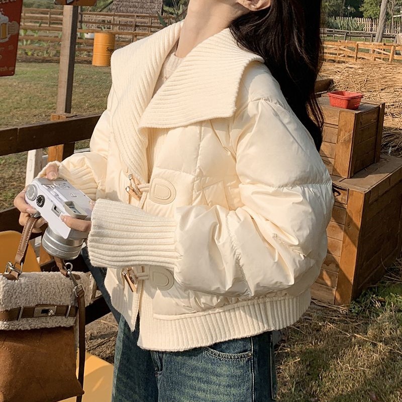 2025冬季新款韩系小众拼接针织棉服女大翻领短款小个子面包服外套