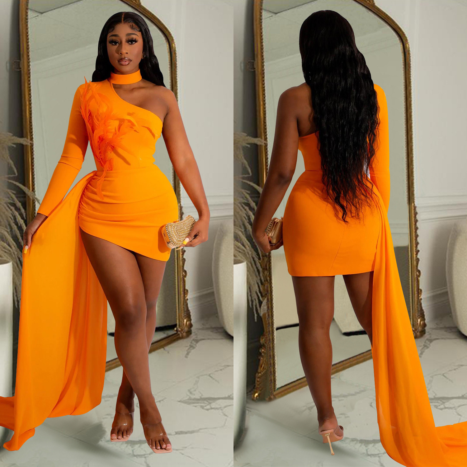 X6126 transfronterizo AliExpress Amazon moda europea y americana de las mujeres capa de la pluma sola manga larga vestido de hombro de las mujeres