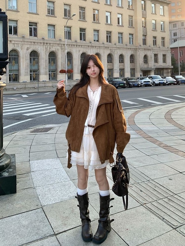 麂皮绒机车外套2025秋季复古美拉德休闲宽松慵懒翻领廓形感夹克女|undefined