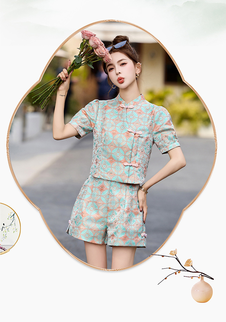 Bộ quần áo nữ mùa hè 2025 áo khoác jacquard quần short hai mảnh phong cách tân cổ điển — Màu xanh lục nhạt, Màu xanh lam, Màu đỏ chi tiết 20