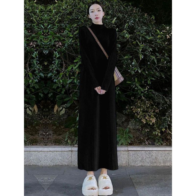 纸片人垂感毛衣裙长款女秋冬加厚内搭过膝休闲显瘦针织打底连衣裙|undefined
