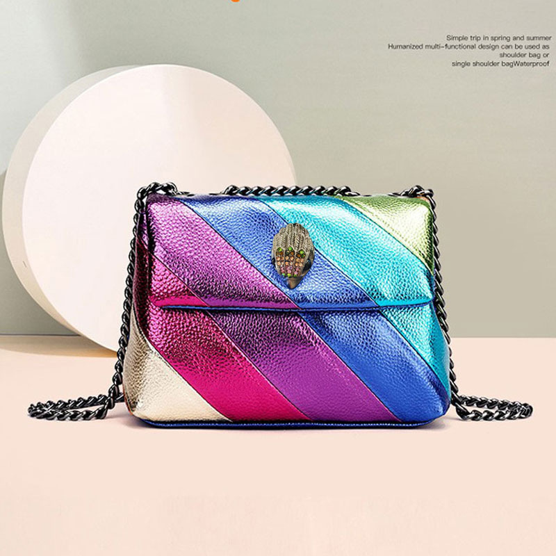 Cross-border European and American Fashion New Women's Bag Rainbow Contrasting Color Splicing Bag Eagle Bird Head Chain Shoulder Crossbody Bag Women's Bag