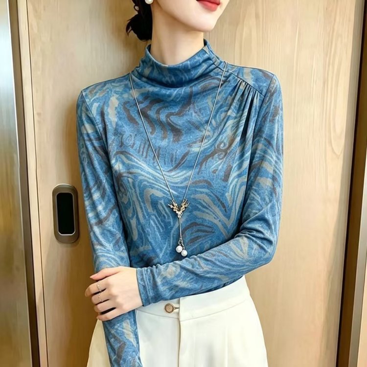 Dropshipping 2026 Autumn New Fashionable and Trendy Slimming Printed Half-Turtleneck Base Shirt Top