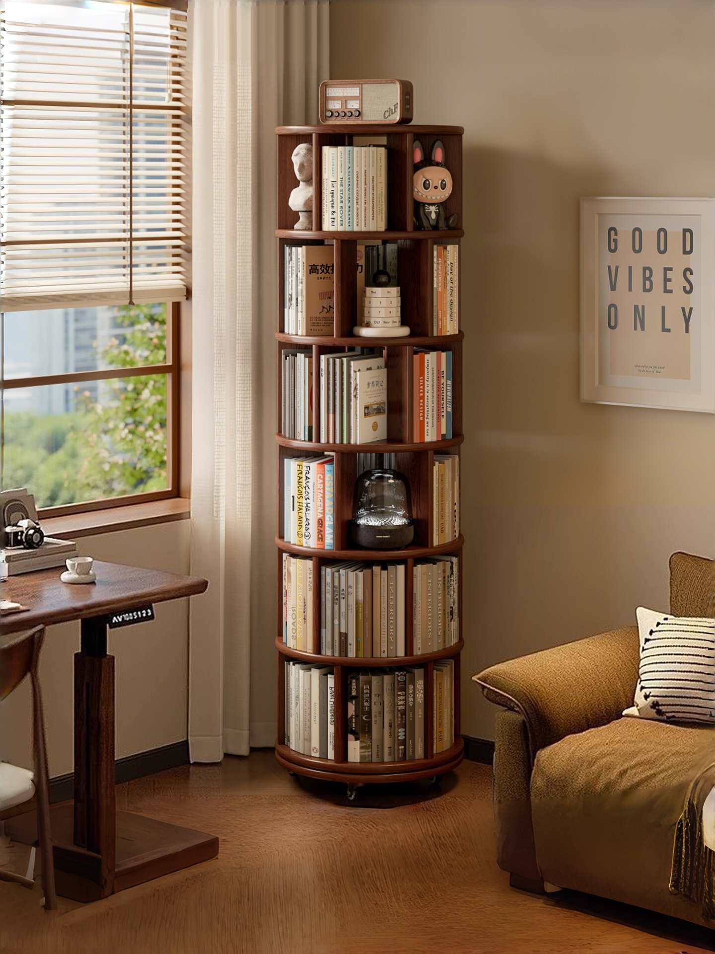 All Solid Wood Rotating Bookshelf 360-Degree Bookcase Integrated Wall-Mounted Movable Floor-Standing Storage Rack for Living Room