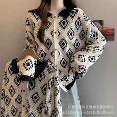 复古温柔风菱格镂空钩花翻领毛衣百搭显瘦宽松小众设计感针织开衫