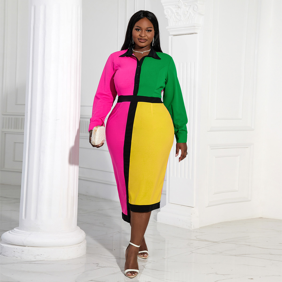 Abbigliamento da donna AM221142 vestito a maniche lunghe abbinato al colore Piccolo vestito asimmetrico con gonna a vita alta e personalità a contrasto di colore_voghion.com