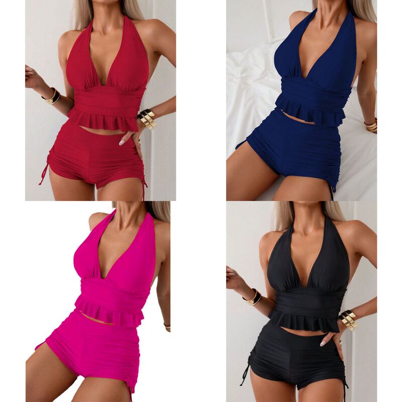2025 new solid color sexy ruffled vest lace-up boxers European and American cross-border bikini two-piece swimsuit 2025 new solid color sexy ruffled vest lace-up boxers European and American cross-border bikini two-piece swimsuit