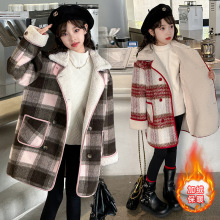 女童格子毛呢大衣中长款冬款2024新款儿童加厚中大童呢子加绒外套