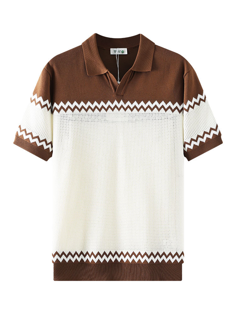 Verano hombre Paul rayas de punto gaviota cuello hielo seda polo camiseta de manga corta hombre casual de alto nivel con solapa ropa de hombre