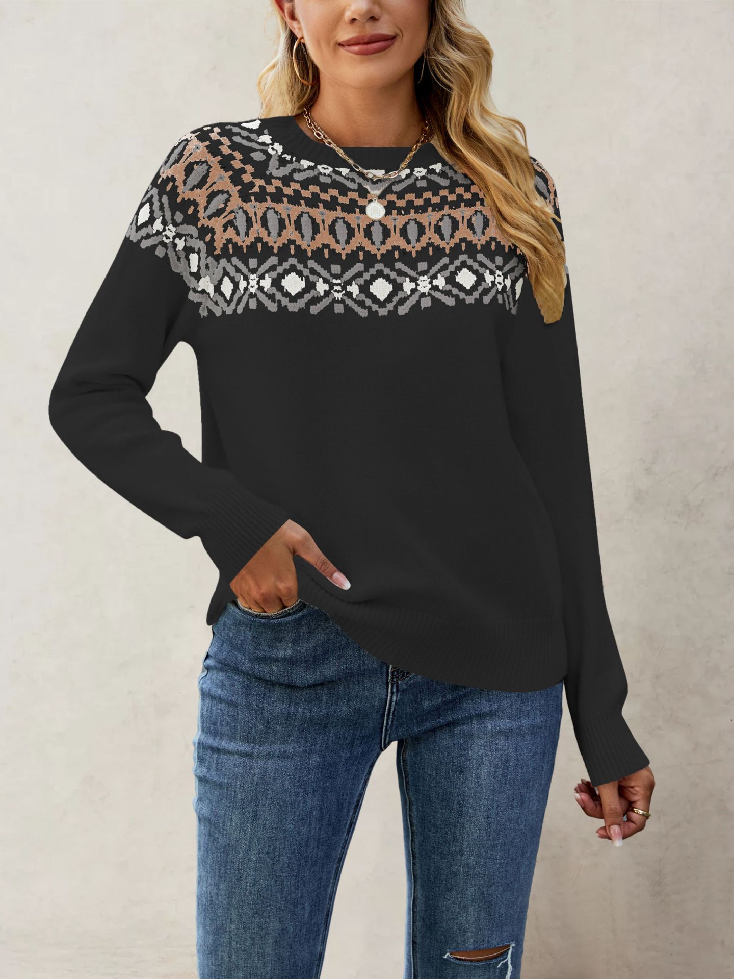 Suéter Jacquard Retro de Gran Tamaño con Cuello Redondo, Tejido de Punto, Estilo Europeo y Americano, Novedad Otoño-Invierno 2026, Éxito de Ventas en Amazon