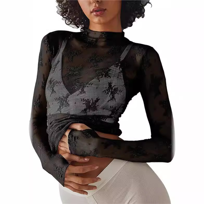 Amazon Cross-Border Women's Clothing Sexy Lace Thumb-Hole Top with Floral Design, Slim-Fit Versatile Style