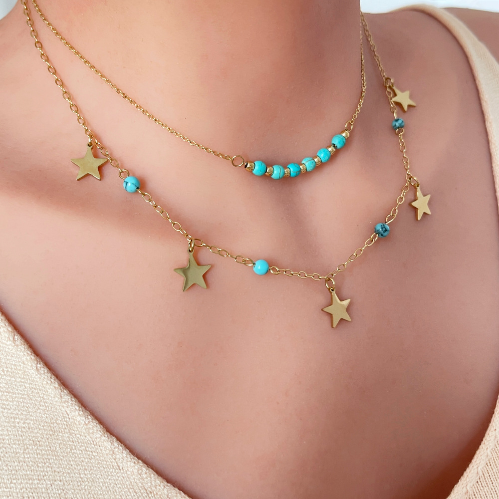 Fashion Star Double-layer Natural Turquoise Stainless Steel Necklace Wholesale display picture 1