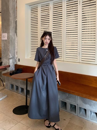 Niche Design Cross-Strap Short-Sleeved Dress Summer Women's Elegant Waist-Control Slimming A-Line Long Skirt