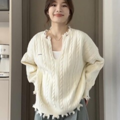 设计破洞毛边长袖灰色毛衣秋冬感小众温柔韩系宽松慵懒针织衫上衣