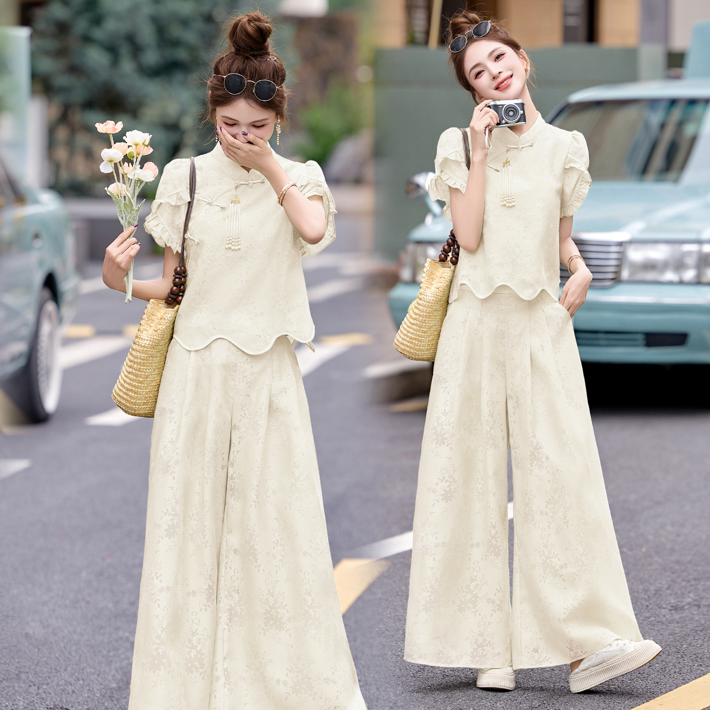 Bộ váy hai mảnh tay ngắn phong cách Trung Hoa cổ điển họa tiết jacquard mùa hè 2025 — Màu vàng be, Màu xanh lá