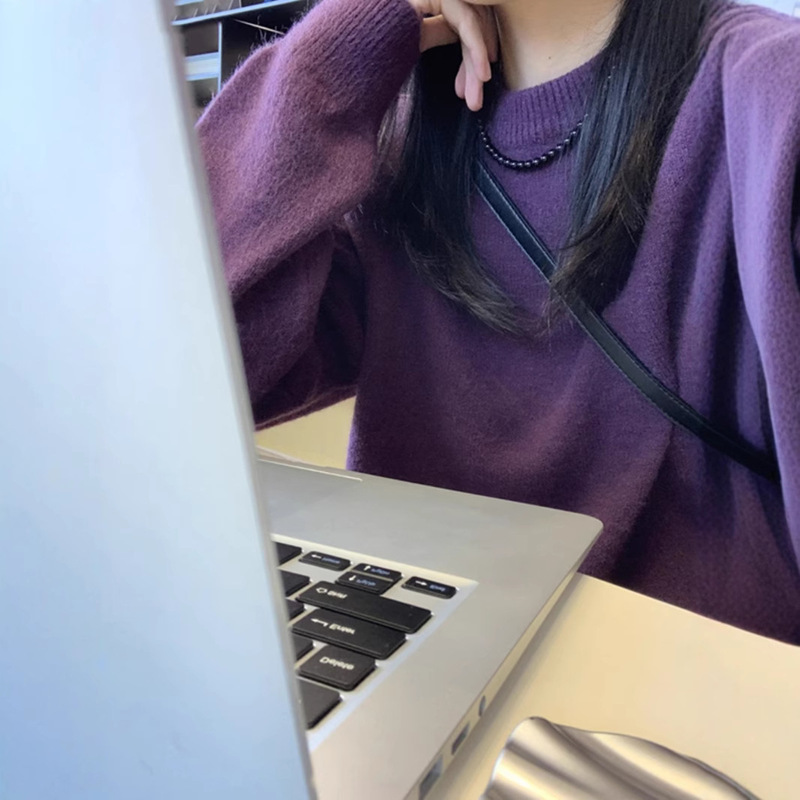 Korean Style Retro High-grade Purple Raccoon Velvet Sweater Outer Wear Women's Autumn and Winter Thickened Lazy Style Sweater Top