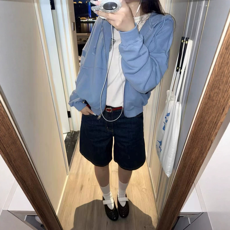 Basic light blue short sweatshirt cardigan with hood and zipper, women's autumn sports casual loose solid color top