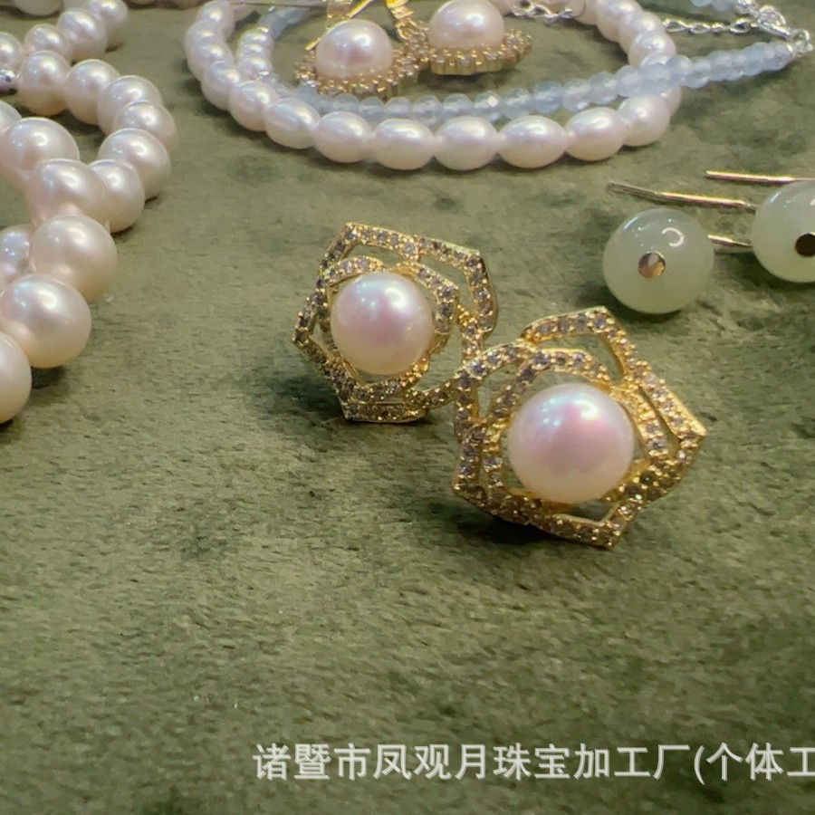 ZHUJI 담수 진주 귀걸이 입체 지르콘 로즈 귀걸이 한국 스타일 귀걸이 여성 선물 S