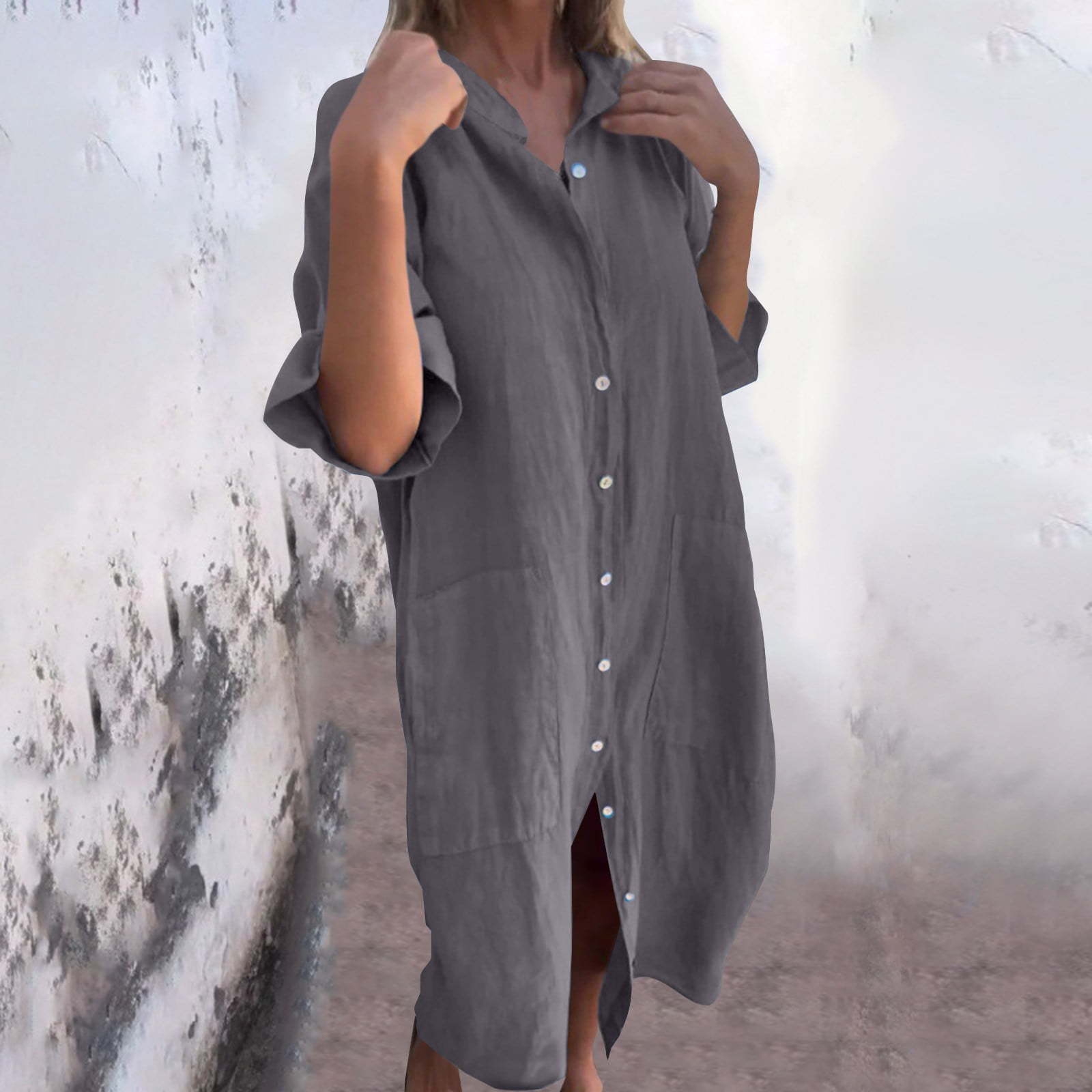 2025新款欧美春夏季欧美风宽松休闲中袖棉麻衬衣连衣裙女