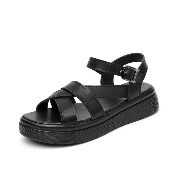 Dép sandal nữ quai ngang đế xốp mềm da thật phong cách La Mã — Màu đen