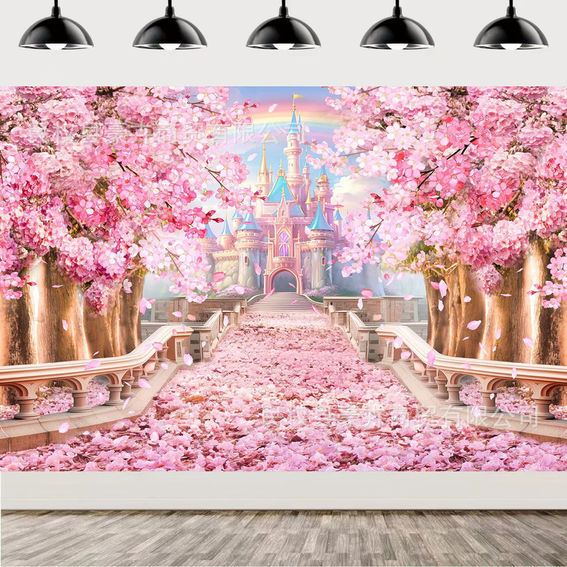 Amazon Cross-border Pink Castle Cherry Blossom Photography Background Cloth Birthday Party Ball Decoration Banner Hanging Cloth