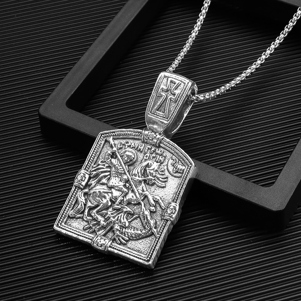 Cross-Border European and American Retro Saint George Dragon-Slaying Pendant Necklace Men's Personalized Fashion Hip-Hop Style Necklace Accessories Wholesale