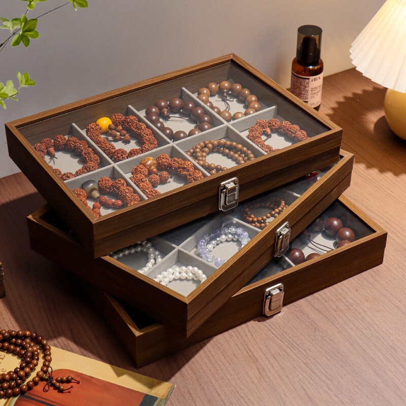 Walnut Wood Grain Jewelry Storage Box, Transparent Multi-Compartment Anti-Oxidation Buddhist Beads Bracelet Large Capacity Jewelry Box Walnut Wood Grain Jewelry Storage Box, Transparent Multi-Compartment Anti-Oxidation Buddhist Beads Bracelet Large Capacity Jewelry Box