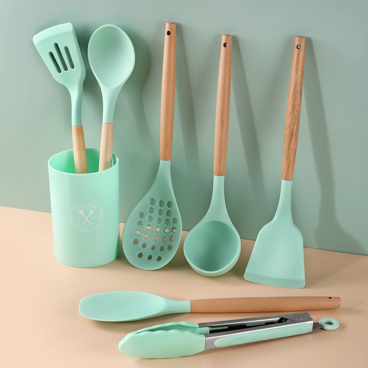 Paleta de silicona con mango de madera, pala de cocina doméstica, sartén antiadherente, cuchara especial, colador, cuchara de arroz, juego de utensilios de cocina resistentes a altas temperaturas