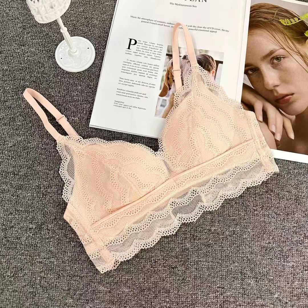 Bra de encaje del sudeste asiático, ropa interior de mujer, bra de copa triangular francesa, verano sin anillo de acero, copa delgada, algodón sexy y cómodo para la piel