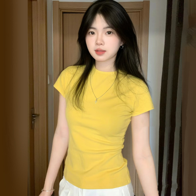 Yellow Short-Sleeve T-Shirt for Women, 2026 Summer New Style, Round Neck, Slim Fit, Waist-Cinching, Short Style, Spicy Girl Bm Top Yellow Short-Sleeve T-Shirt for Women, 2026 Summer New Style, Round Neck, Slim Fit, Waist-Cinching, Short Style, Spicy Girl Bm Top