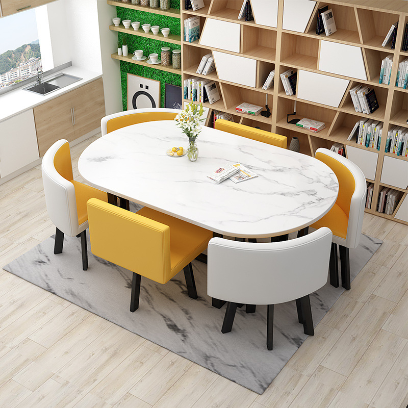 Mesa de comedor rectangular para 6 personas, conjunto de mesa y sillas para oficina, negociación y área de descanso, estilo celebridad de Internet