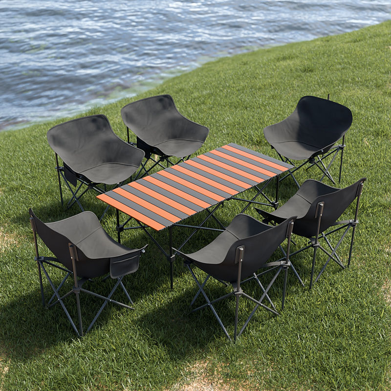 2025 업그레이드 강화모델 + 휴대용 수납벨트 - 블랙과 오렌지 조합 [120*55*50cm 긴 테이블] + 블랙 의자 6개