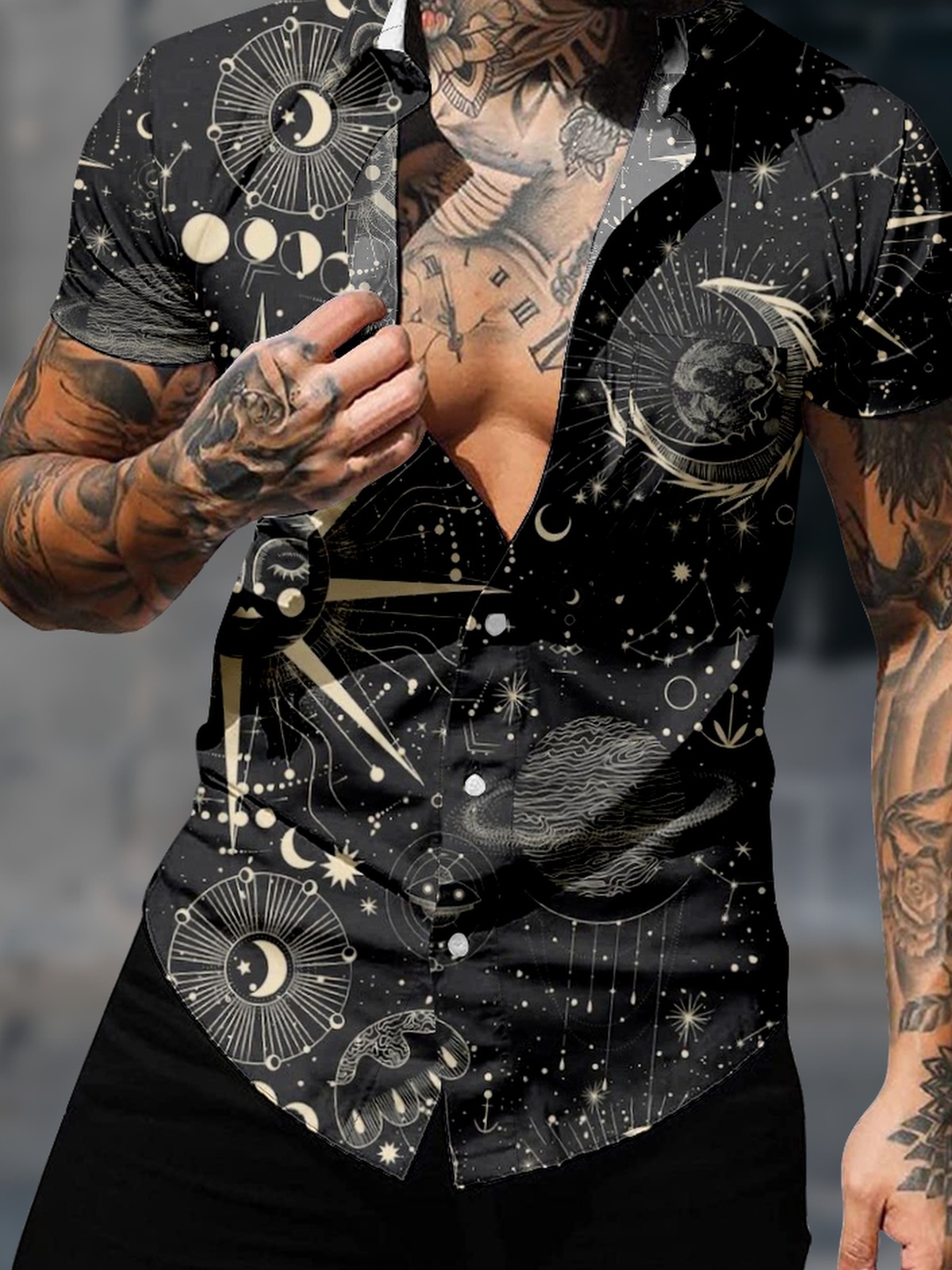 Retro abstracto ojo de cielo estampado 3D hombre calle alta suelta manga corta solapa botón camisa hawaiana en stock