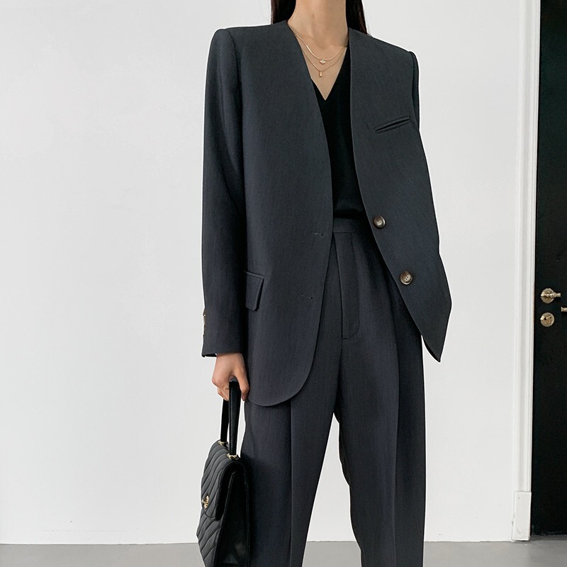 New V-Neck Minimalist Designer Style Elegant Suit Jacket for Women, Korean Style Harem Pants Set New V-Neck Minimalist Designer Style Elegant Suit Jacket for Women, Korean Style Harem Pants Set