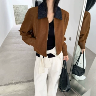 复古撞色皮衣外套女拼接翻领时尚百搭植鞣皮小个子pu夹克上衣