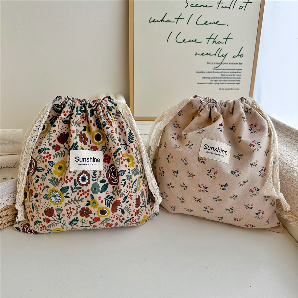 Ins estilo mori algodón cepillado color tierra floral bolsa de cordón clasificación en el hogar bolsa de almacenamiento bolsa de viaje grande