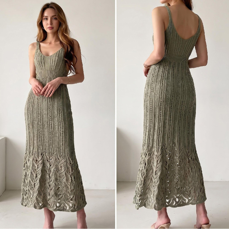 2026 Summer New V-Neck Crochet Dress Green Hollow-Out Mermaid Slim Fit Long Dress Crochet Dress 2026 Summer New V-Neck Crochet Dress Green Hollow-Out Mermaid Slim Fit Long Dress Crochet Dress