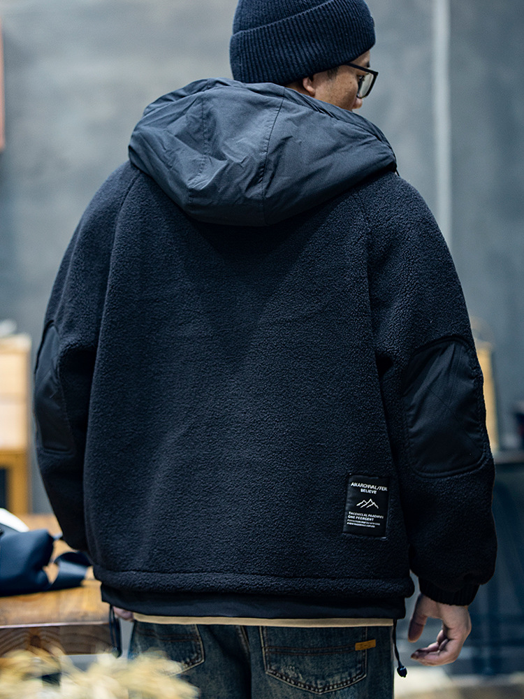 Abrigo con capucha de lana de cordero de invierno de los hombres de la marca de moda suelta abrigo de algodón cálido acolchado de los hombres de moda americana casual abrigo de algodón acolchado de los hombres