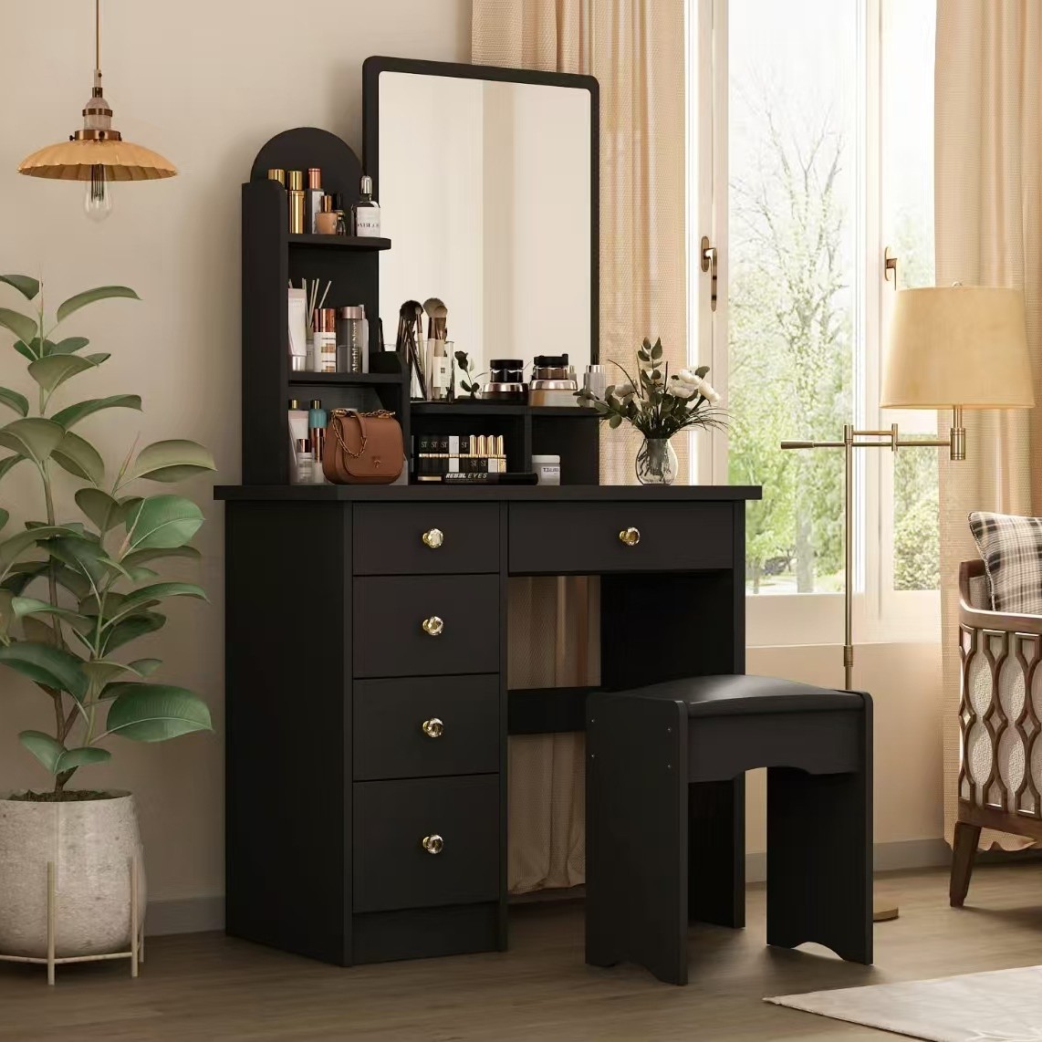 Foreign Trade Dressing Table, Dressing Table Set with Led Light Mirror, Makeup Dressing Table with 5 Drawers,