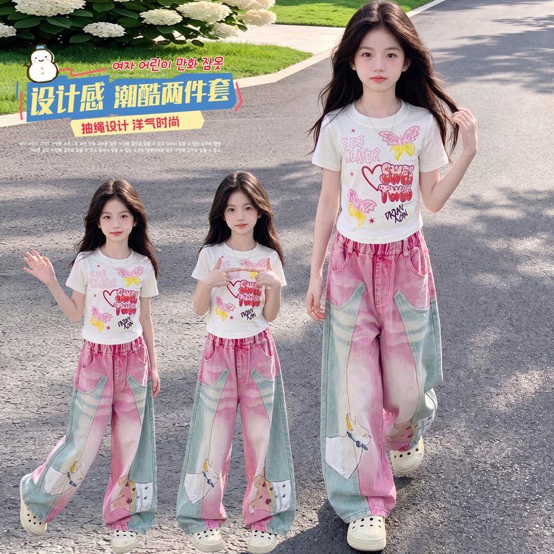 Girls' Short-Sleeved Summer Clothing, Kidsren's American Retro Graffiti Print T-Shirt, Cross-Border Cartoon Cat Gradient Jeans Outfit 1 Girls' Short-Sleeved Summer Clothing, Kidsren's American Retro Graffiti Print T-Shirt, Cross-Border Cartoon Cat Gradient Jeans Outfit 1