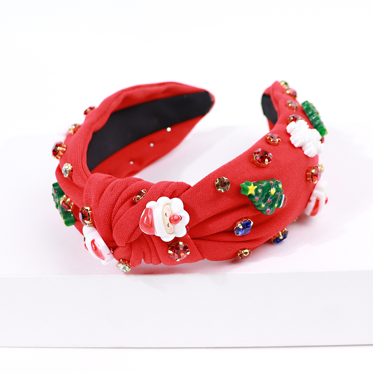 Kerst strass geknoopte hoofdband voor vrouwen, juweel kristal parel versierde twist brede haarband kerstman accessoires vakantie haar hoepel cadeau_voghion.com