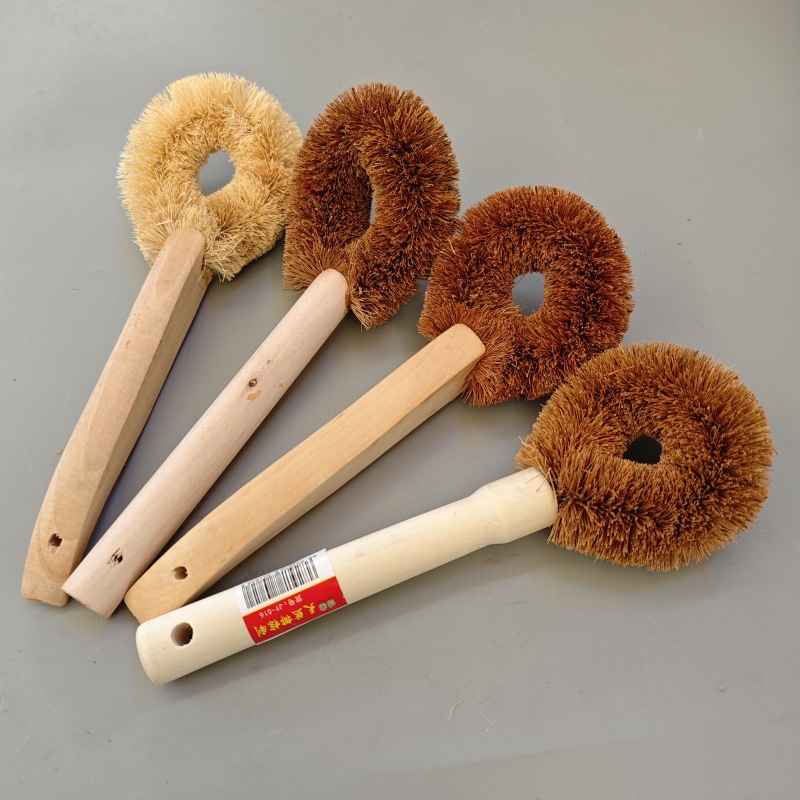 Wooden Handle Brown Pot Brush Kitchen Cleaning Coconut Palm Brush Long Handle Abalone Brush Daily Necessities Cleaning Brush Household