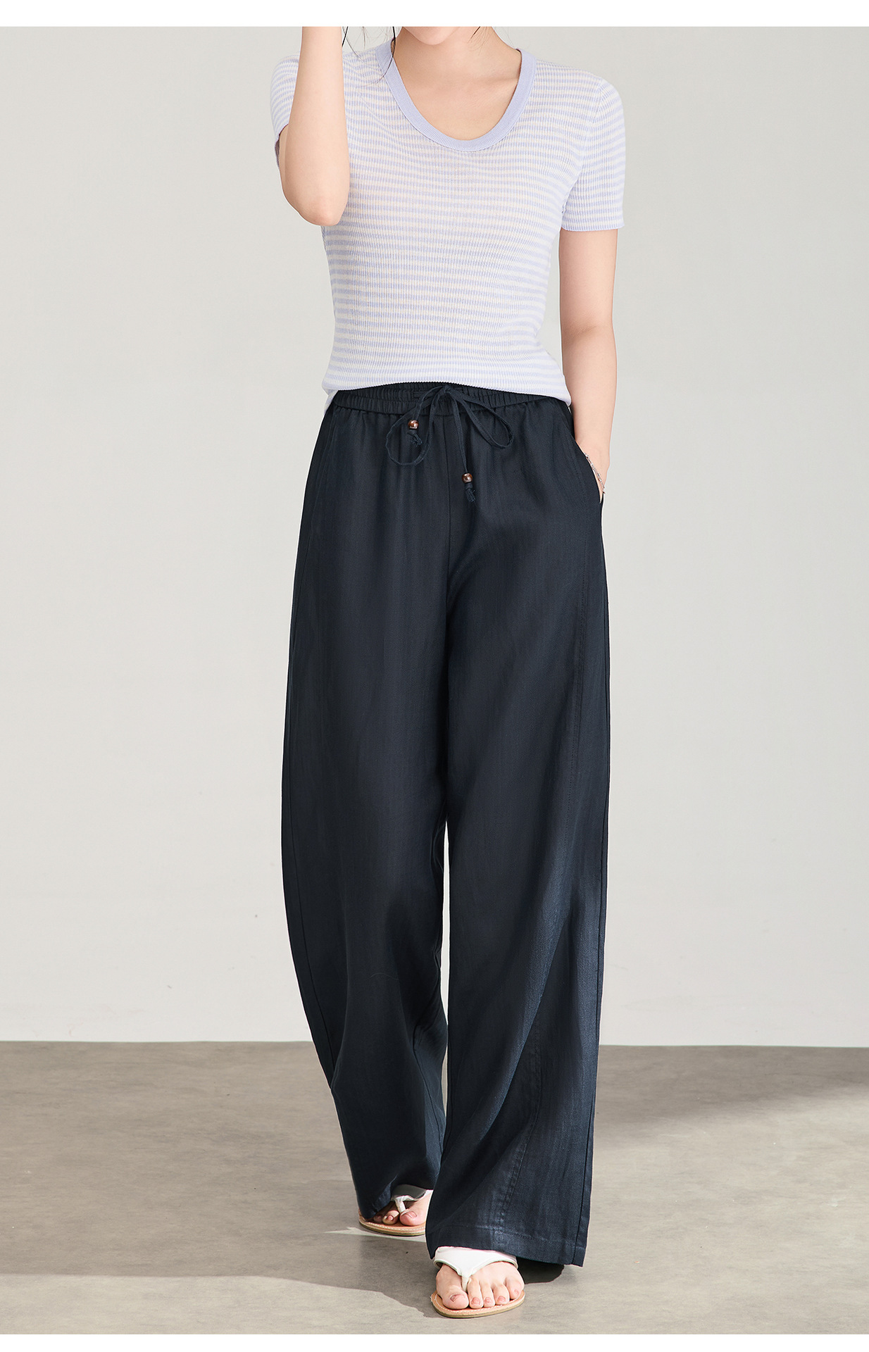 Quần culottes nữ ống rộng chất liệu linen phối lụa, cạp chun rút dây, dáng suông mềm mại — màu xanh táo chi tiết 20