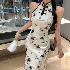 跨境新款外贸女装2026新中式禅意改良版少女挂脖旗袍礼服裙