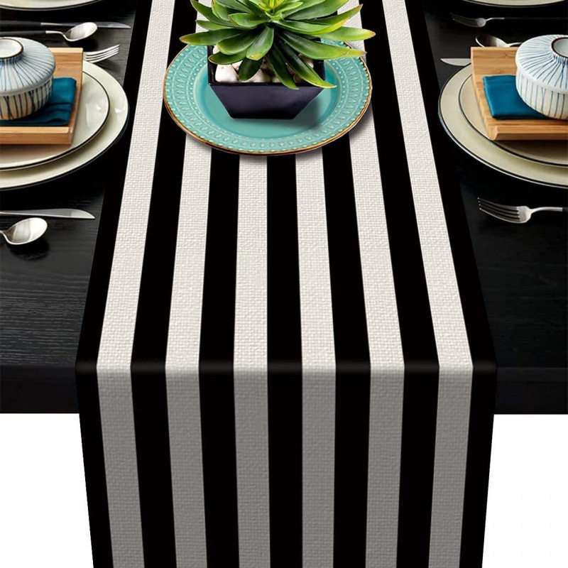 Bandera de mesa de rayas geométricas de lino de Amazon moderna y simple mantel a cuadros en blanco y negro almohadilla de mesa para el hogar image 3