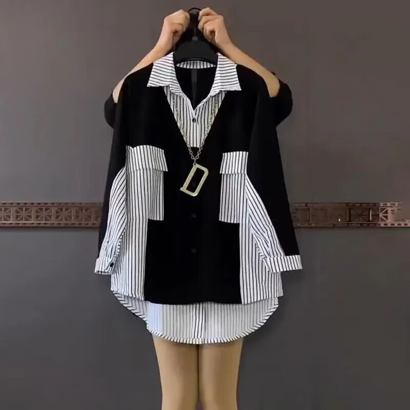 Outfits for Slightly Chubby Girls: Plus-Size Women's Clothing, Loose-Fitting, Slimming Mid-Length Striped Shirts for Women, Tops That Cover the Body Outfits for Slightly Chubby Girls: Plus-Size Women's Clothing, Loose-Fitting, Slimming Mid-Length Striped Shirts for Women, Tops That Cover the Body