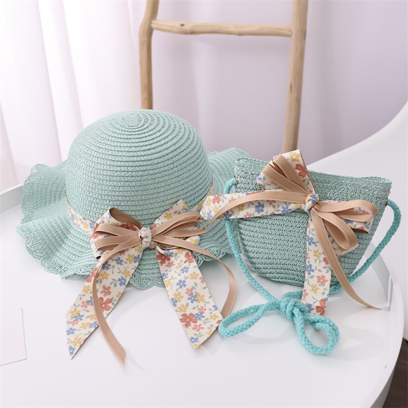 Double-layer large bow wavy edge straw hat-green