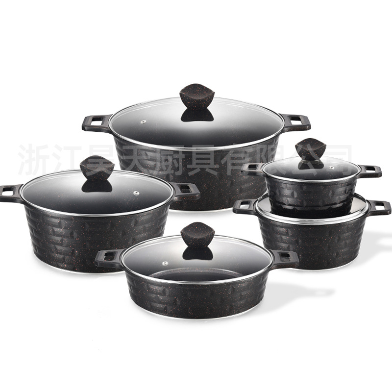 Juego de ollas de aluminio fundido a presión de suministro directo transfronterizo, olla antiadherente, olla para sopa, sartén, olla de aluminio, juego de utensilios de cocina del mismo estilo